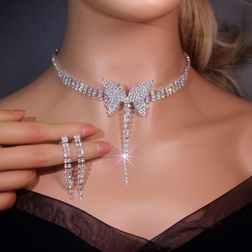 Ensemble de Bijoux en Cristal Plaqué Argent, Boucles d'Oreilles et Collier Inoxydable