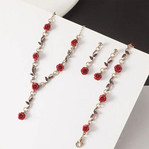 Ensemble de Bijoux en Forme de Fleur Rose Rouge, 4 Pièces