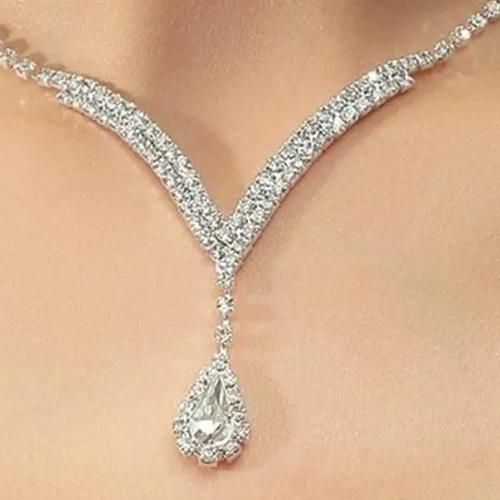 Bijoux de Mariée en Cristal Argent, Boucles d'Oreilles et Collier