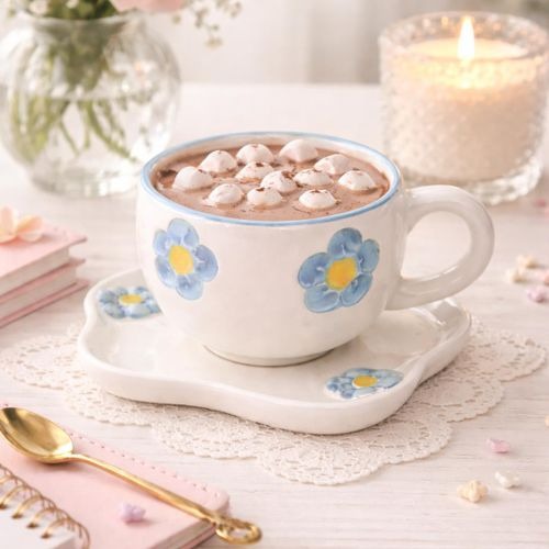 Tasse en Céramique avec Soucoupe Motifs Fleur Bleu