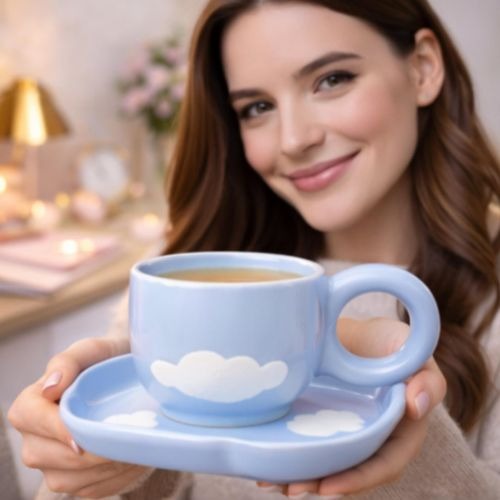 Tasse en Céramique avec Soucoupe Nuage Bleu Ciel