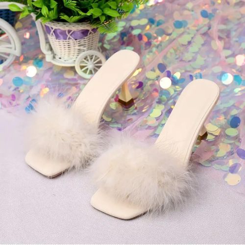 Sandales à Talons Hauts avec Fausse Fourrure Beige