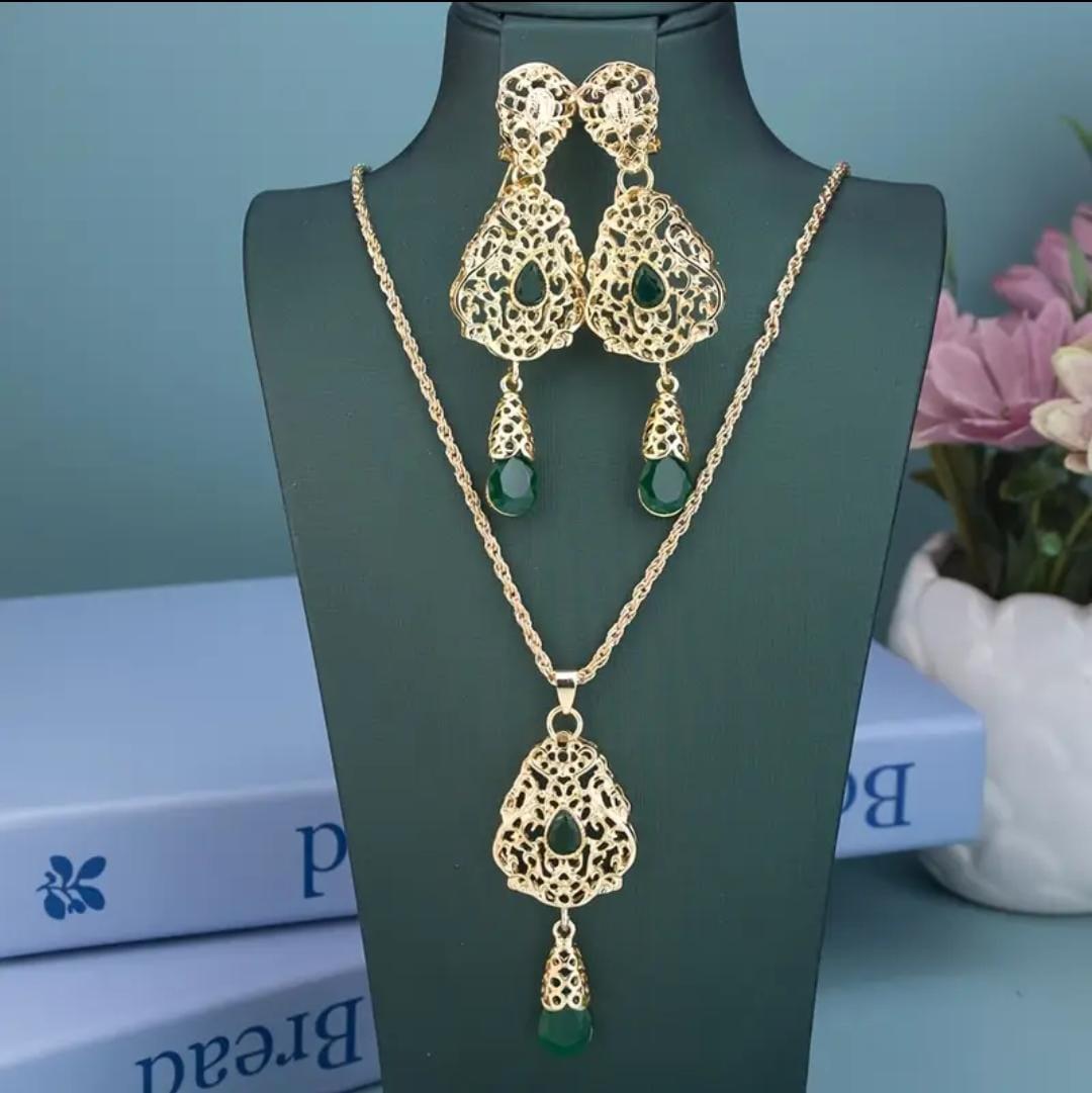 Gold Jewelry Set with Green Stones and Scalloped Edges, Wedding Earrings and Necklace