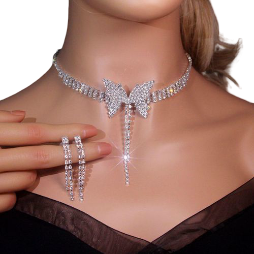 Ensemble de Bijoux en Cristal Plaqué Argent, Boucles d'Oreilles et Collier Inoxydable