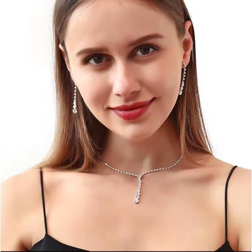 Ensemble de Bijoux en Cristal Plaqué Argent, Boucles d'Oreilles et Collier pour Soirée