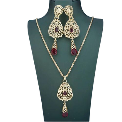 Parure de bijoux dorée femme – collier & boucles d’oreilles pierres rouges