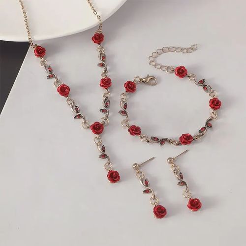 Ensemble de Bijoux en Forme de Fleur Rose Rouge, 4 Pièces