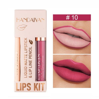 Rouge à lèvres liquide mat + Crayon à lèvres, résistant à l'eau,brillant