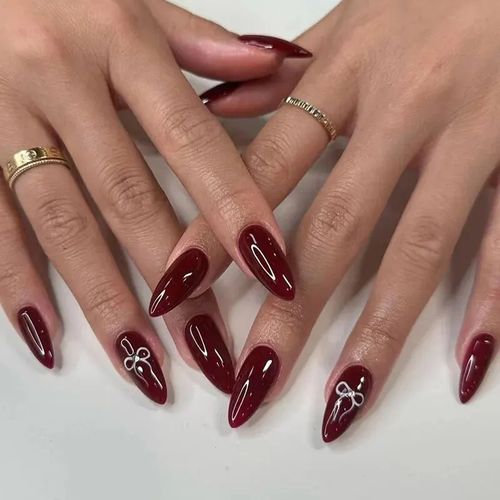 Glossy Burgundy False Nails with Rhinestones, Box of 24 Pieces