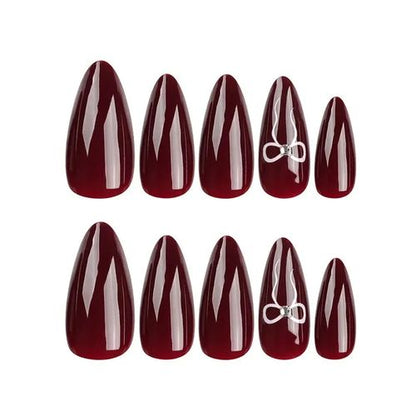 Glossy Burgundy False Nails with Rhinestones, Box of 24 Pieces