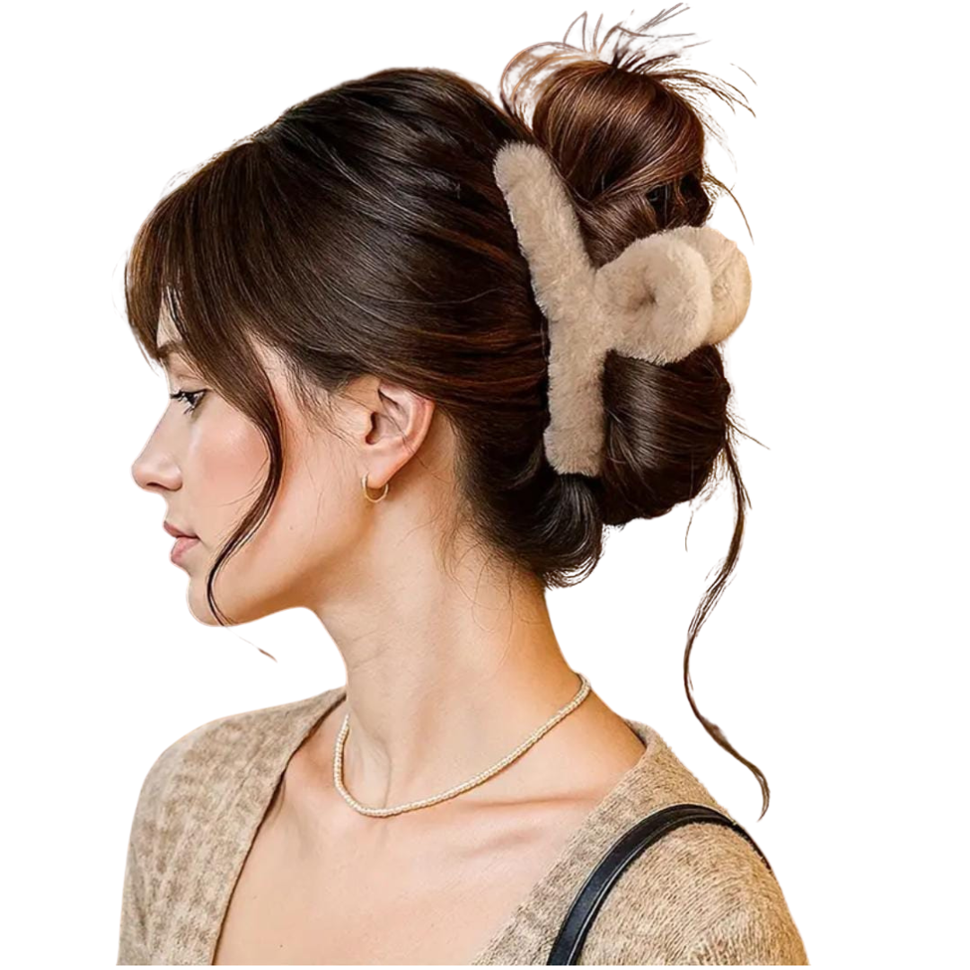Beige plush hair clip