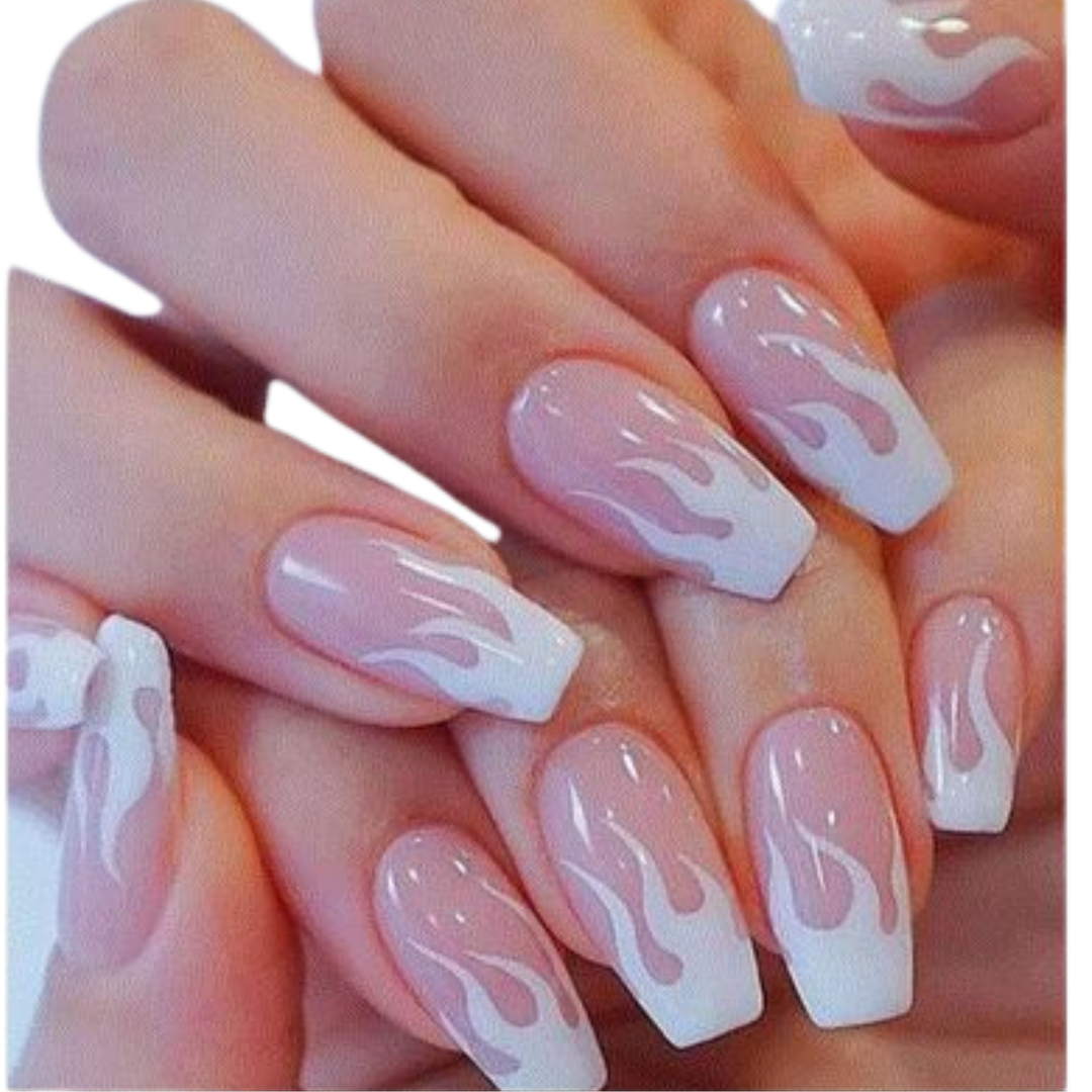 Faux ongles rose & blanc motif flamme