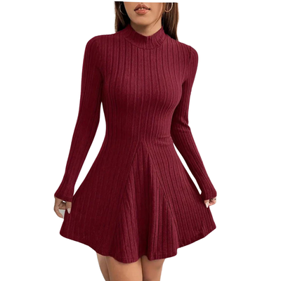 Robe en Tricot côtelé solide, Robe à Manches Longue et Col Montant