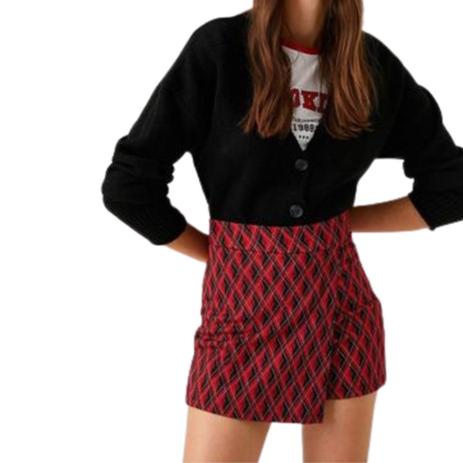 Jupe-Short Rouge à Motif Taille Haute
