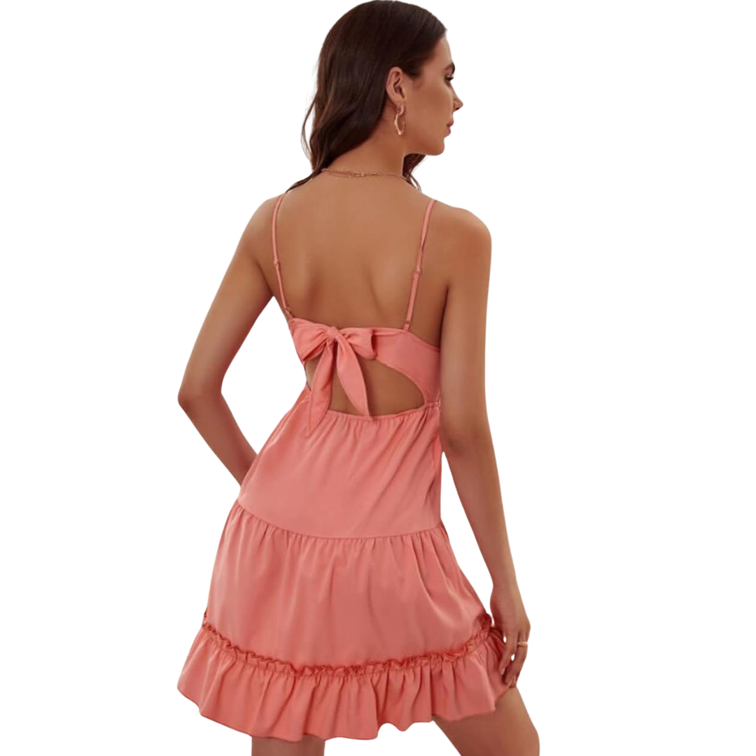 Robe Courte Rose à Bretelles – Dos Ouvert avec Nœud,