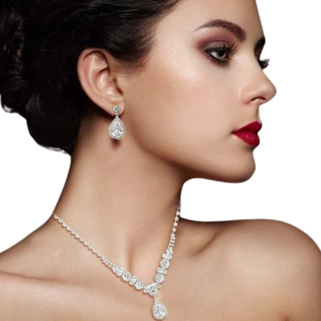 Silver-Plated Crystal Jewelry Set, Earrings and Necklace for Evening Wear