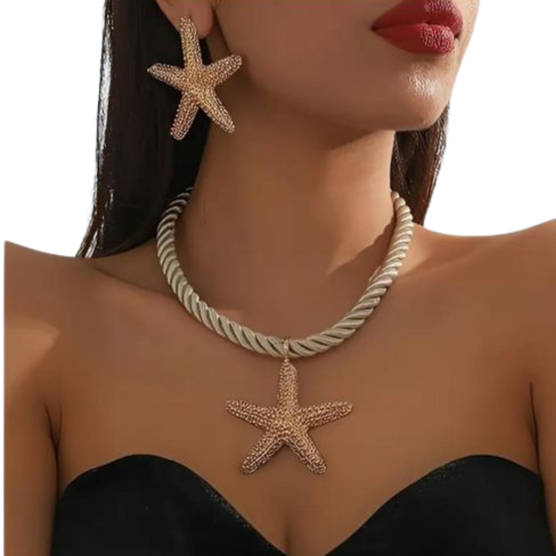 Ensemble Collier Étoile de Mer & Boucles d’Oreilles, Bijoux Plage Femme Chic