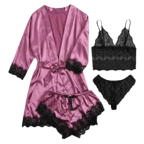 Pyjama / Peignoir 4 Pièces en Satin Doux