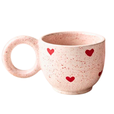 Mug en Céramique Beige avec Cœurs Rouges