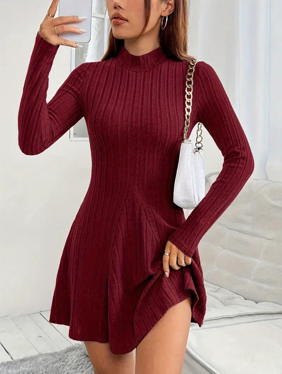 Solid ribbed knit dress, long sleeves and high neck