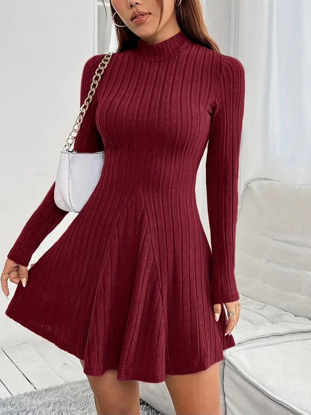 Solid ribbed knit dress, long sleeves and high neck