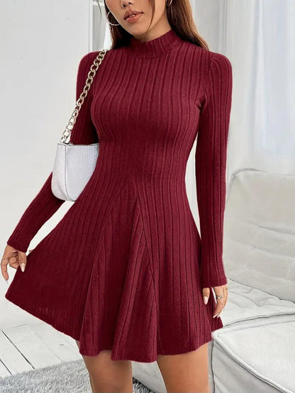 Solid ribbed knit dress, long sleeves and high neck