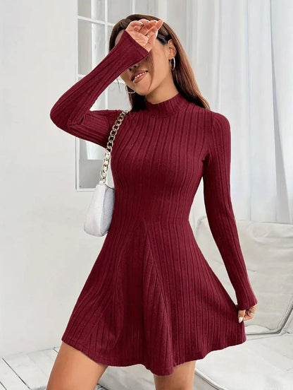 Solid ribbed knit dress, long sleeves and high neck