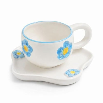 Tasse en Céramique avec Soucoupe Motifs Fleur Bleu