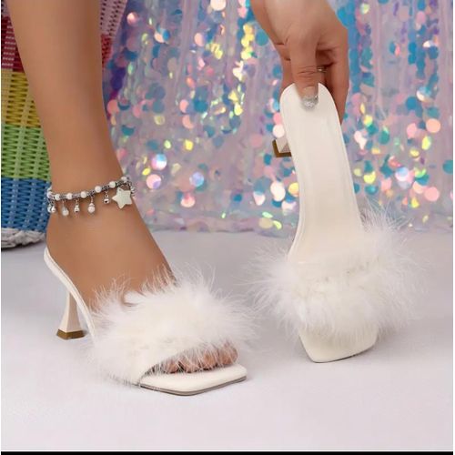 Beige Faux Fur High Heel Sandals