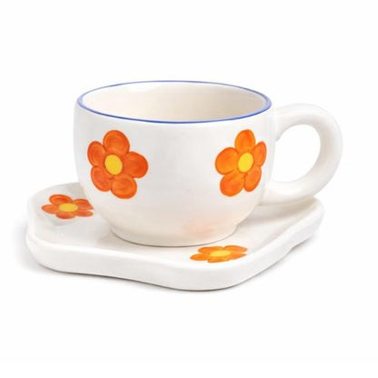 Ceramic Cup and Saucer with Orange Flower Pattern