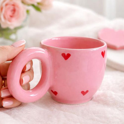 Mug en Céramique Rose avec Cœurs Rouges