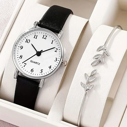 Elegant Black Quartz Watch + Bracelet