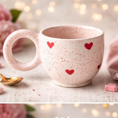 Mug en Céramique Beige avec Cœurs Rouges