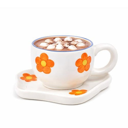 Ceramic Cup and Saucer with Orange Flower Pattern