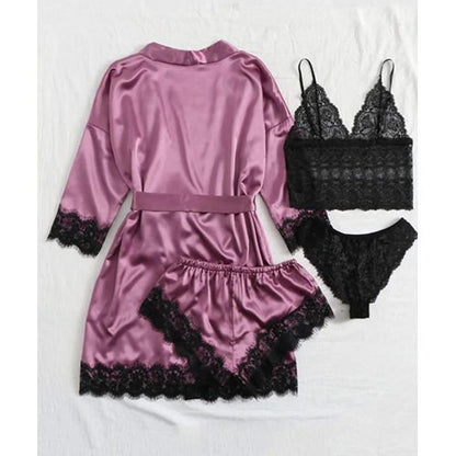 Pyjama / Peignoir 4 Pièces en Satin Doux