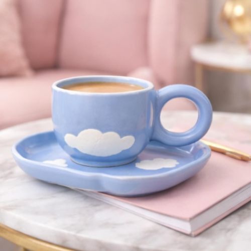 Tasse en Céramique avec Soucoupe Nuage Bleu