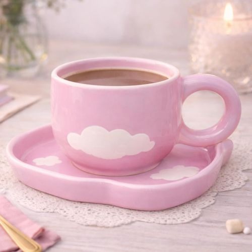 Tasse en Céramique Rose avec Soucoupe