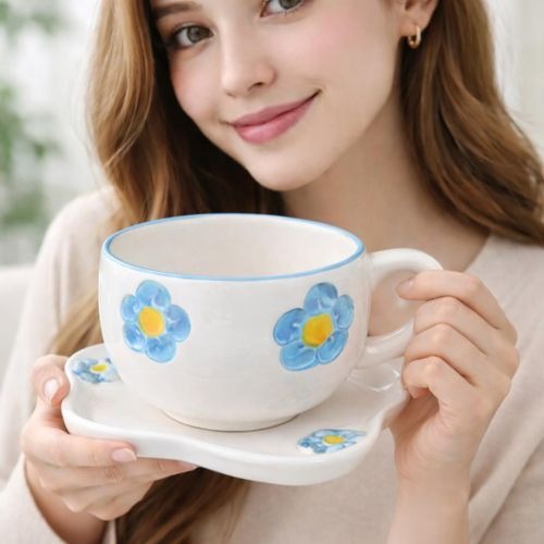 Ceramic Cup and Saucer with Blue Flower Pattern