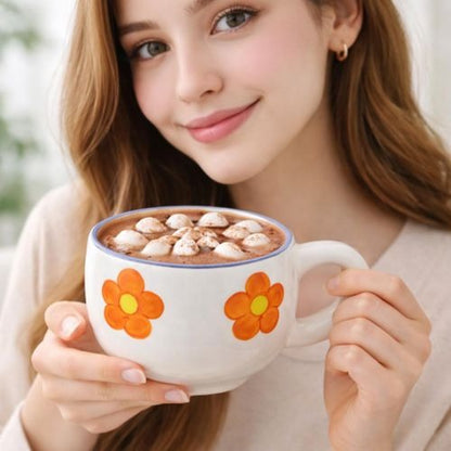 Ceramic Cup and Saucer with Orange Flower Pattern