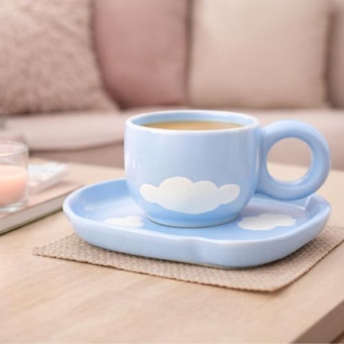 Ceramic Cup with Sky Blue Cloud Saucer