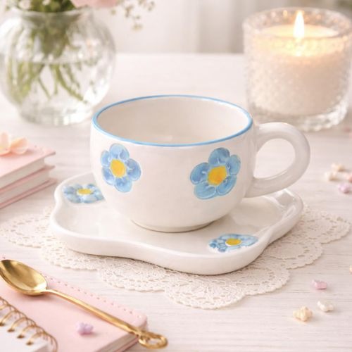 Ceramic Cup and Saucer with Blue Flower Pattern
