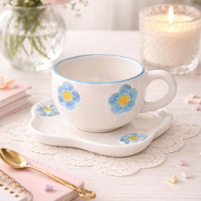 Ceramic Cup and Saucer with Blue Flower Pattern