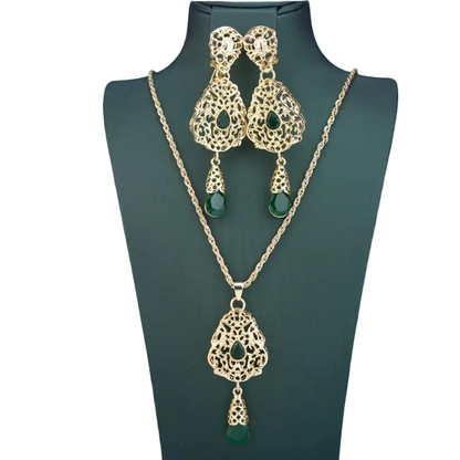 Gold Jewelry Set with Green Stones and Scalloped Edges, Wedding Earrings and Necklace 